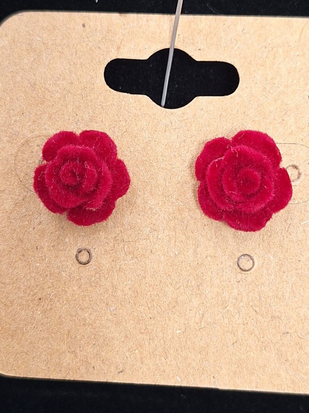 Blooming Rose crimson red velvety, flocked matte finish post style earrings